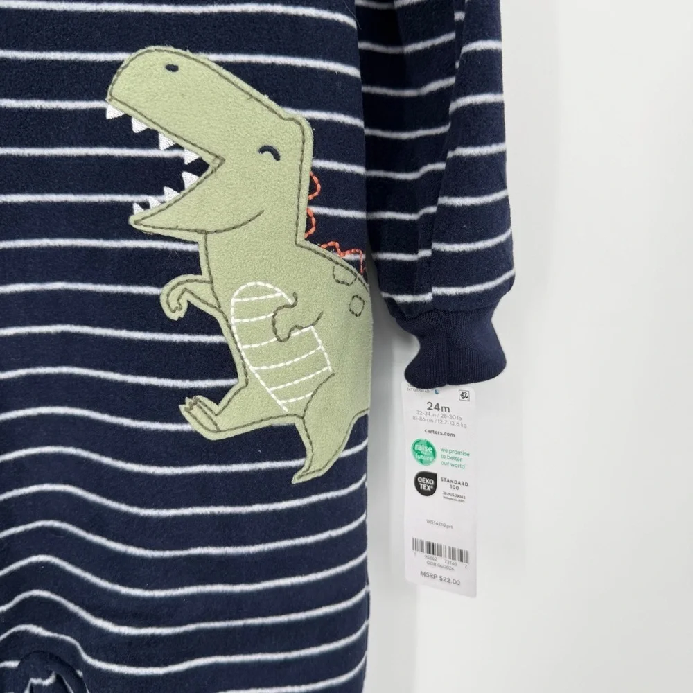 NWT Carter's Navy & White Striped Dinosaur One Piece Fleece Footie Pajama 24mo